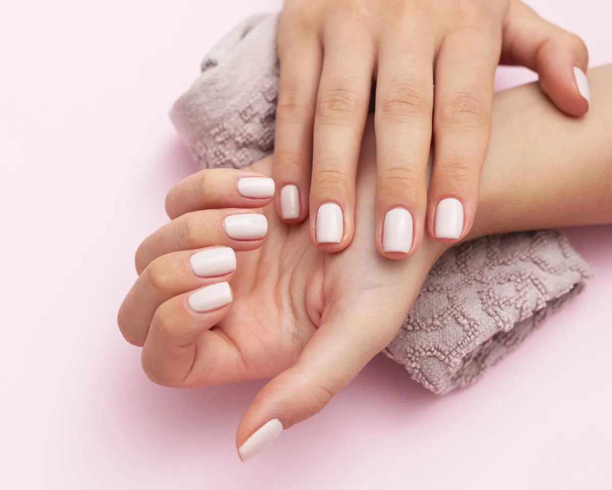 Short nails with a milky pink finish resting on a pink knitted sleeve