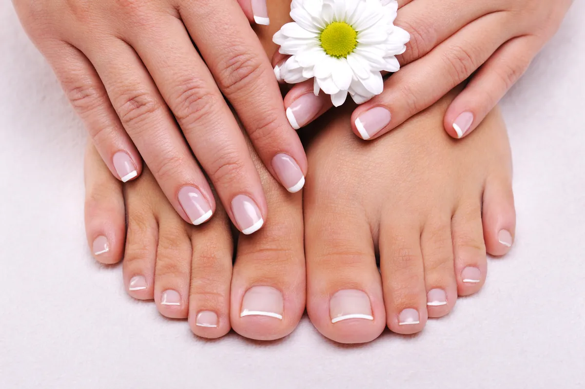 Hands and feet with a natural French pedicure and a camomile flower on a white towel